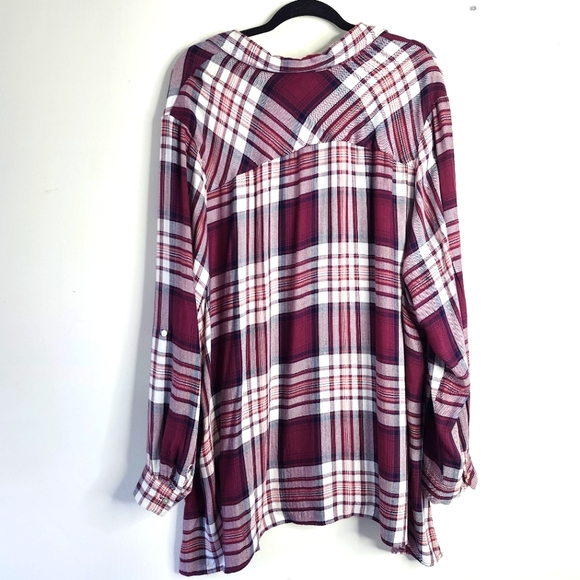 AVENUE Burgundy White Navy Plaid Button Down Shirt. Soft & Light Size 26/28 - Picture 4 of 4